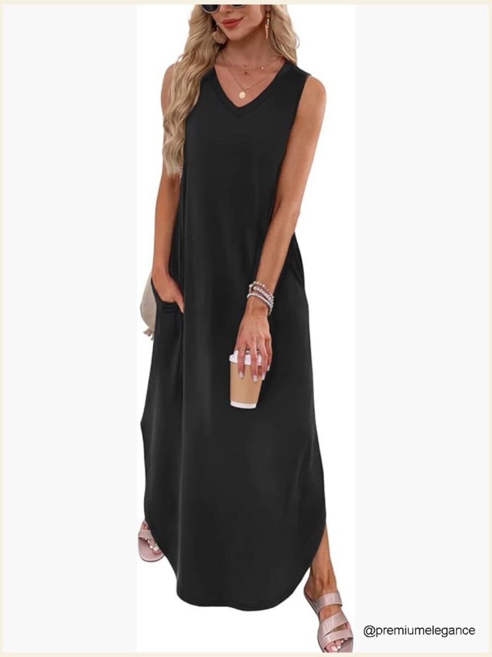 V-Neck Sleeveless Maxi Dress with Side Slit and Pockets, Casual Summer